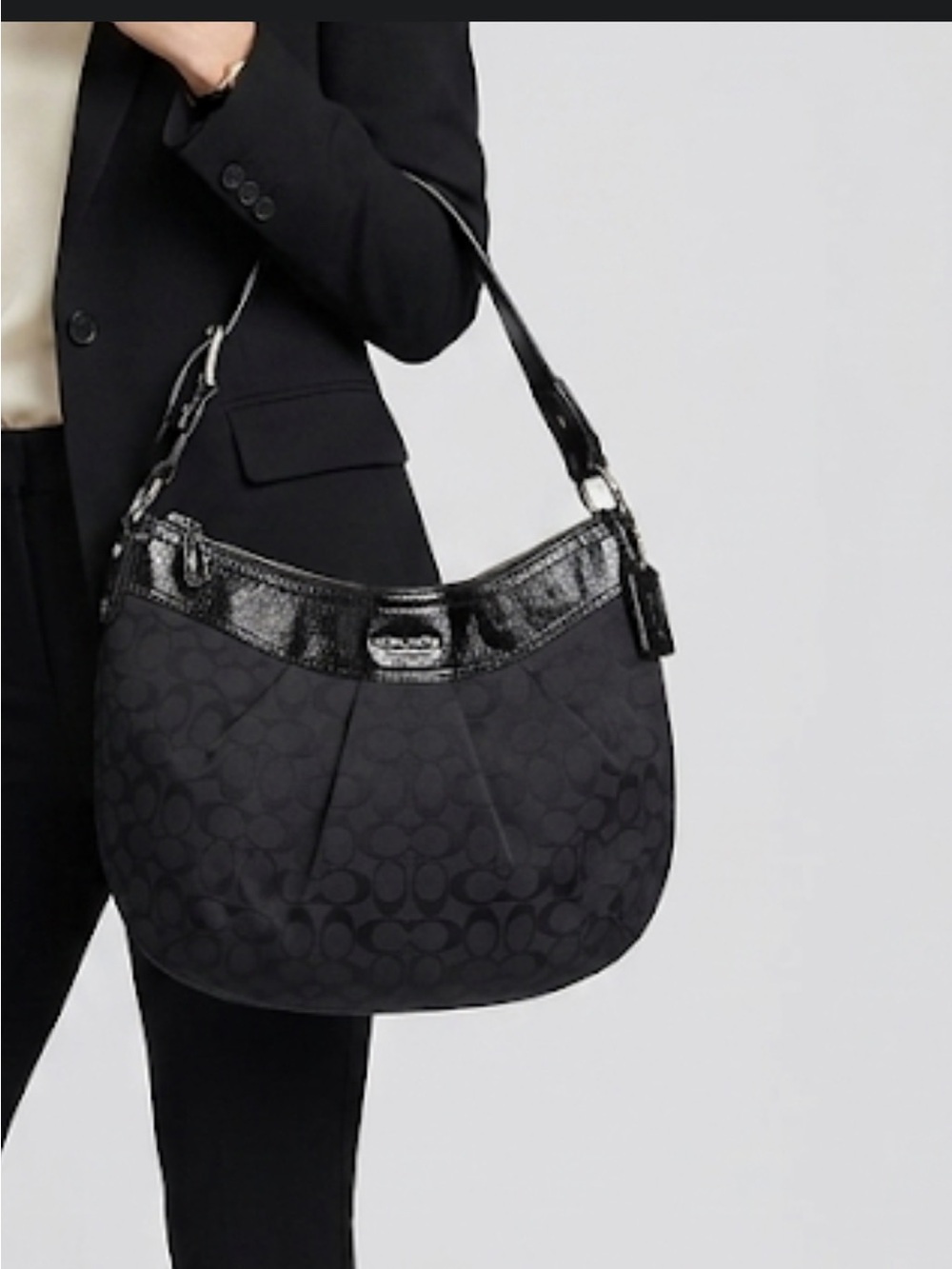 Coach Black Signature Jacquard Hobo with Leather Trim